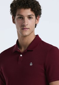 Jongeman met krullend haar, gekleed in een bordeauxrode polo met een klein pinguïnlogo op de borst, tegen een effen achtergrond.