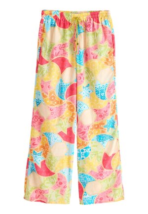 Weit geschnittene Hose mit elastischem Bund und bunten abstrakten Mustern mit Sternen, Fruchtscheiben und floralen Designs in Pastellfarben.