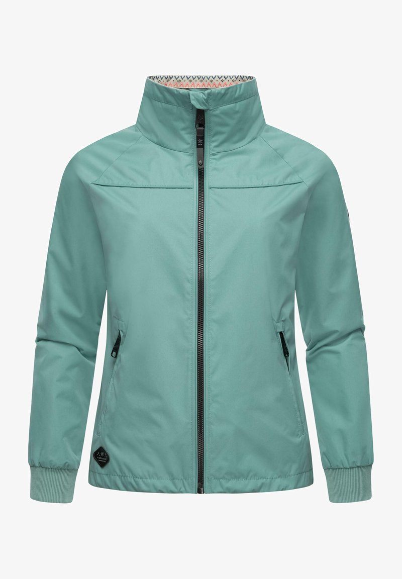 Light teal jacket, made of smooth fabric, with a stand collar, front zipper, two side pockets, and ribbed cuffs. Lined with a patterned interior.