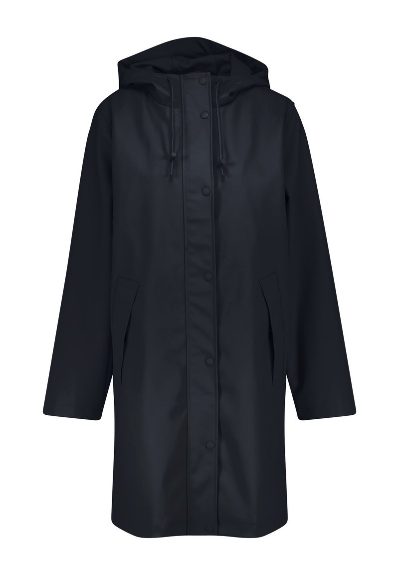 Dark navy waterproof raincoat with a hood, front snap closure, and two side pockets. Features long sleeves and a relaxed fit.