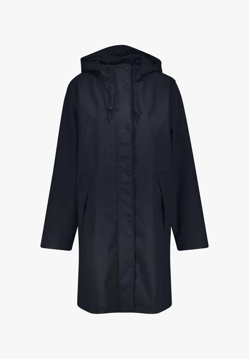 Dark navy waterproof raincoat with a hood, front snap closure, and two side pockets. Features long sleeves and a relaxed fit.
