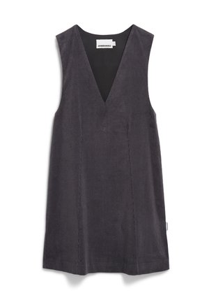 Mouwloos grijs corduroy-jurkje met een diepe V-hals, met verticale ribbels en een rechte silhouet. Etiket zichtbaar op de hals.