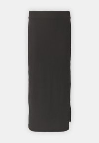 Svart midikjol med ribbad textur, rak skärning och sidoklyfta. Slät midjeband för ökad komfort och modern design.