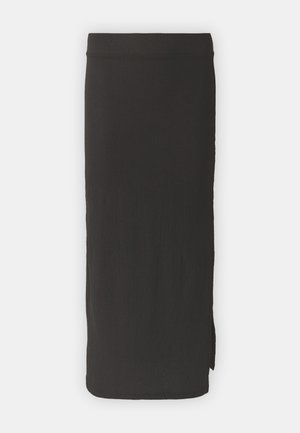 Fekete midi szoknya bordázott textúrával, egyenes vonalvezetéssel és oldalsó hasítékkal. Simasága miatt kényelmes derékpánt, valamint modern dizájn jellemzi.