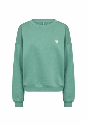 Green crewneck sweatshirt with long sleeves and a small white heart on the left chest, featuring ribbed cuffs and hem.