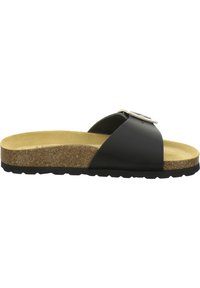 Black leather slide sandal with a cork footbed, textured rubber sole, and a metallic buckle accent on a single strap design.