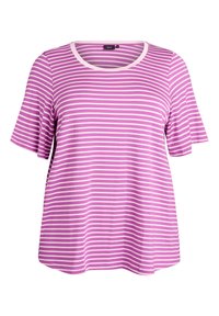 Lühikeste varrukatega lilla ja valge horisontaalselt triibuline särk ümarate kaelustega ja mugava lõikega.