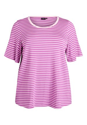 Trumpas rankovėmis purpurinis ir baltas horizontaliai dryžuotas marškinėlis su apvaliu kaklu ir laisvu siluetu.