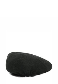 Black wool beret with a slightly rounded shape, featuring a textured surface and a stitched seam for a refined finish.