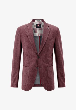 Maroon blazer featuring a textured fabric, two front pockets, and a single button closure. Lined with a grey and white checkered pattern.