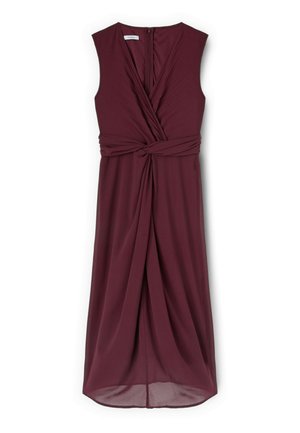 Bordowa sukienka midi bez rękawów z głębokim dekoltem w serek, marszczonym biustem, detalem skręcanego supełka w talii oraz zwiewną spódnicą z przednim rozcięciem.