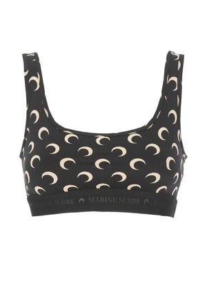 Bra sportivo nero con un motivo a luna crescente ripetuto in beige chiaro. Presenta una fascia larga con branding e un design a scollo rotondo.