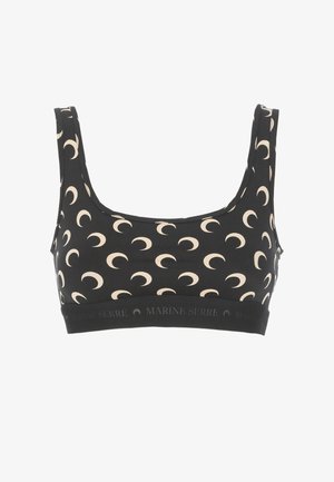 Bra sportivo nero con un motivo a luna crescente ripetuto in beige chiaro. Presenta una fascia larga con branding e un design a scollo rotondo.