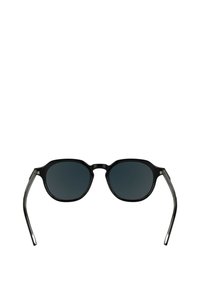 Occhiali da sole neri con montatura rotonda, lenti grigie e astine trasparenti. Presentano un logo sottile sulla tempia.