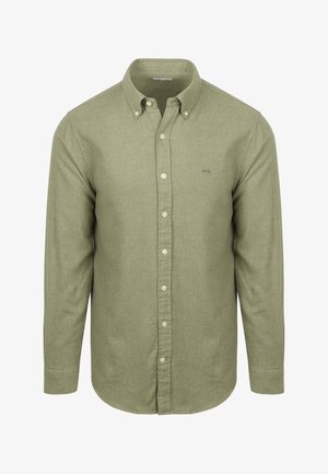 Olijfgroene knoopsluiting shirt gemaakt van textuurstof. Heeft een klassieke kraag, lange mouwen en een subtiele logo op de borst.