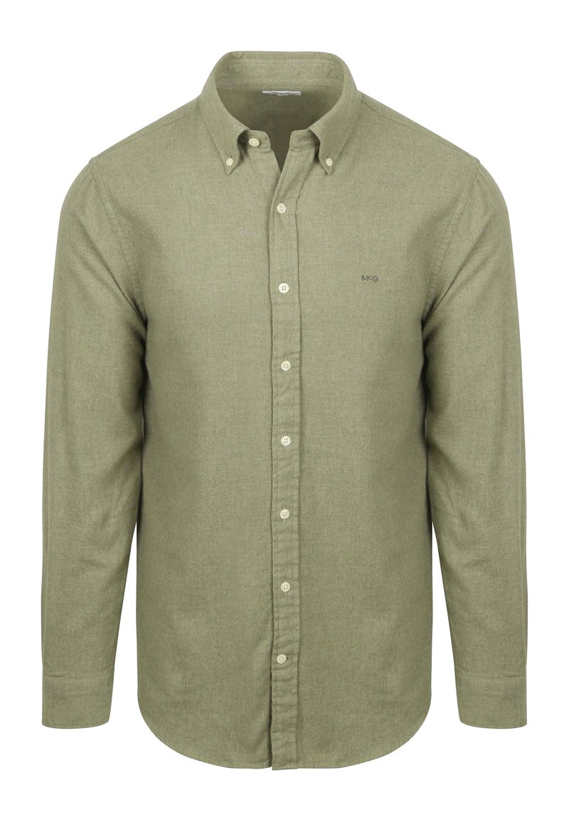 Olijfgroene knoopsluiting shirt gemaakt van textuurstof. Heeft een klassieke kraag, lange mouwen en een subtiele logo op de borst.