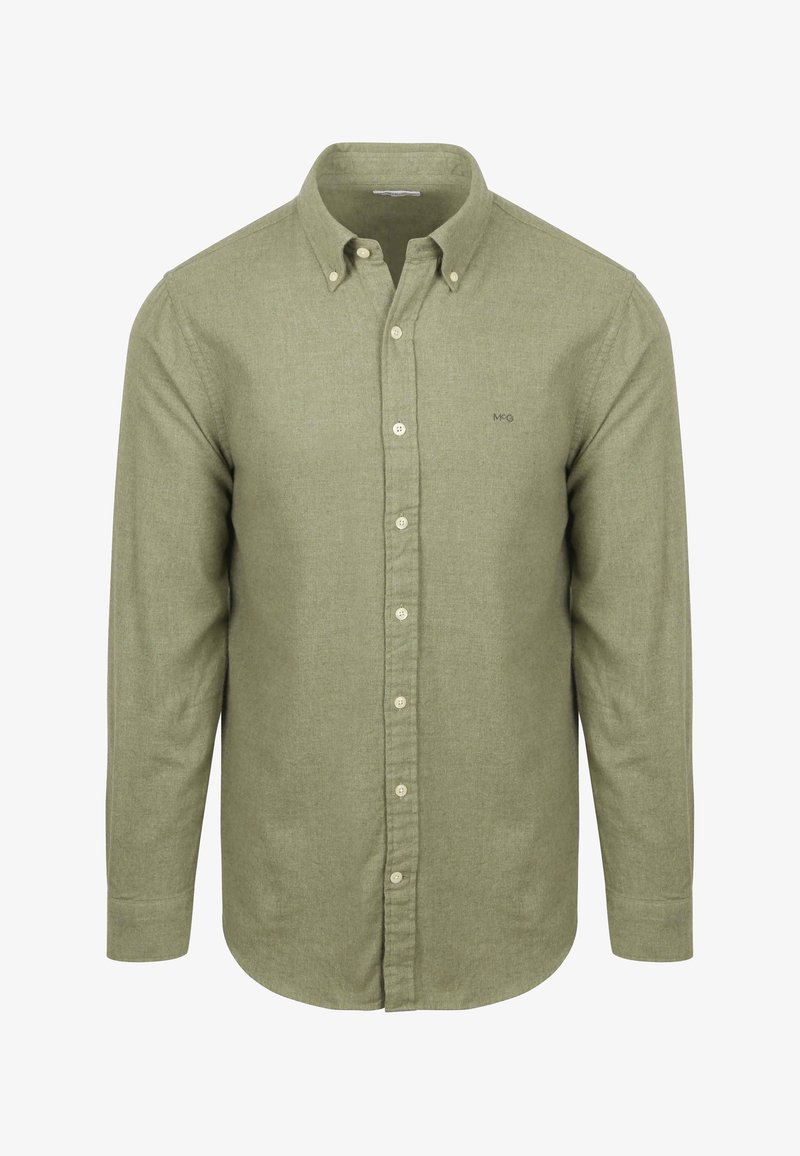 Olijfgroene knoopsluiting shirt gemaakt van textuurstof. Heeft een klassieke kraag, lange mouwen en een subtiele logo op de borst.