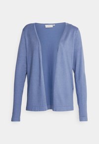Cardigan bleu clair à ouverture frontale, manches longues et texture douce. Présente un design simple avec des poignets côtelés pour une légère définition.