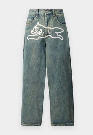 Light blue denim jeans with a loose fit, featuring a large white cat graphic on the left leg and traditional five-pocket design.