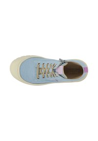Light blue fabric sneaker with cream rubber sole, beige laces, and purple accents. Features a rounded toe and minimalistic design.