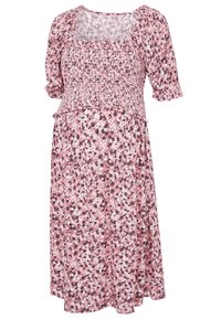 Růžové květinové midi šaty s nafouknutými rukávy, smockovaným tělem a čtvercovým výstřihem, zdobené malými bílými a tmavými květinovými vzory.