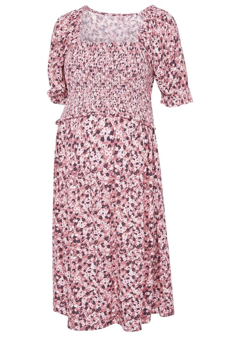 Růžové květinové midi šaty s nafouknutými rukávy, smockovaným tělem a čtvercovým výstřihem, zdobené malými bílými a tmavými květinovými vzory.