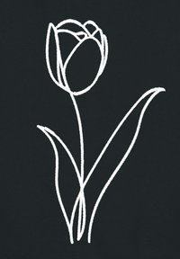 Dessin de tulipe en ligne blanche avec une fleur et une feuille bien définies sur un fond noir uni. Design simple et minimaliste.