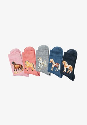 Vijf paar katoenen sokken in zachte kleuren: roze, koraal, grijs, blauw en donkerblauw, met paardenontwerpen op elk paar.