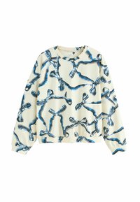 Weißer Sweatshirt mit einem blauen und schwarzen abstrakten Bandmuster, Rundhalsausschnitt und langen Ärmeln. Aus weichem Baumwollmaterial.