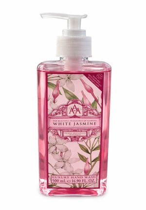 Klarer rosa Flüssigseife mit der Aufschrift "White Jasmine luxury hand wash" in einer rechteckigen Pumpflasche mit floralen Design, 500 ml.