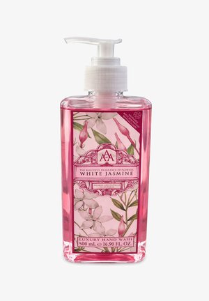 Klarer rosa Flüssigseife mit der Aufschrift "White Jasmine luxury hand wash" in einer rechteckigen Pumpflasche mit floralen Design, 500 ml.