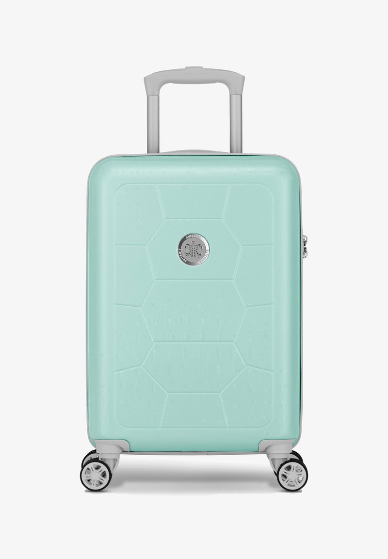 Hartschalentrolley in Mintgrün mit hexagonalem Muster, silbernen Beschlägen, ausziehbarem Griff und vier Rädern für Mobilität.