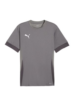 Gray short-sleeve Puma sports shirt with darker side panels and sleeve cuffs, featuring a white Puma logo on the right chest.