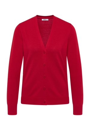 Rød strik cardigan lavet af blød stof, med v-hals, seks knapper foran, og lange ærmer med ribbede manchetter og kant.