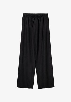 Črne široke hlače z elastičnim pasom in sprednjim vezalko, izdelane iz lahkega blaga.