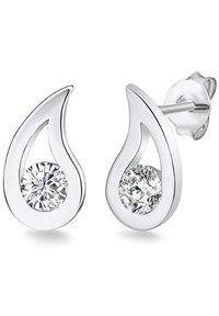 Pendientes en forma de lágrima de plata con una piedra redonda clara, engastada en un diseño abierto y detallado. Acabado suave con acentos pulidos.