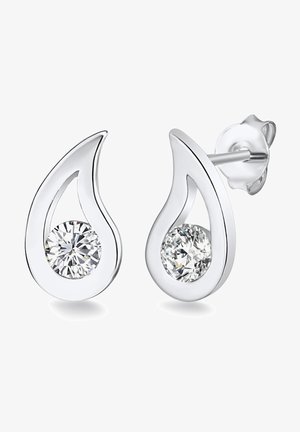 Pendientes en forma de lágrima de plata con una piedra redonda clara, engastada en un diseño abierto y detallado. Acabado suave con acentos pulidos.
