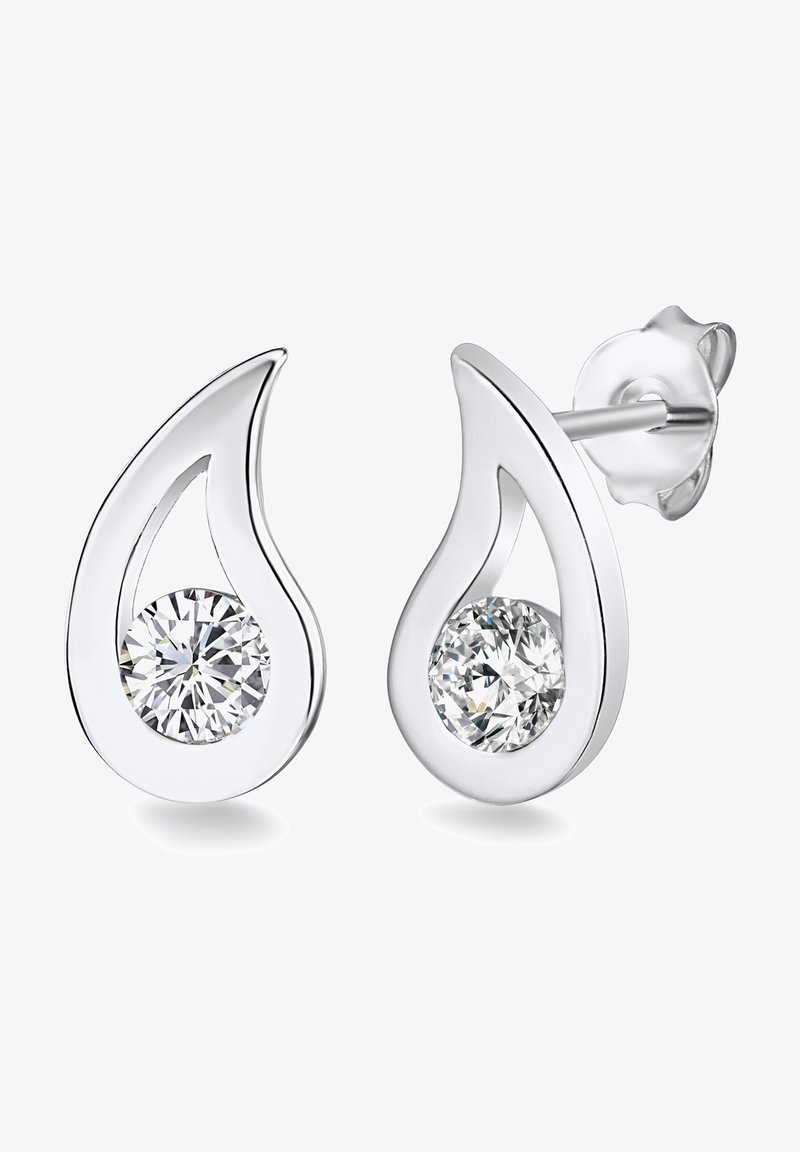 Sudraba asaras formas auskari ar caurspīdīgu apaļu akmeni, kas iemontēts atvērtā, detalizētā dizainā. Gluda apdare ar pulētu akcentu.