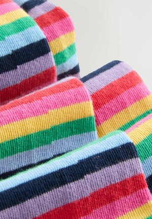 Calzini di cotone con righe orizzontali rosa, gialle, verdi, blu, viola e nere. Texture morbida con un design a coste.