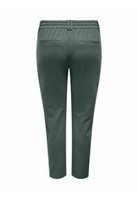 Grønne smale bukser med elastisk midjebånd, to baklommer og et glatt, teksturert stoff. Rene linjer og minimal design.