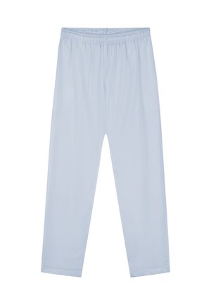 Lyseblå løstsiddende bukser med elastisk taljebånd, lige ben og uden synlige lommer eller pynt.