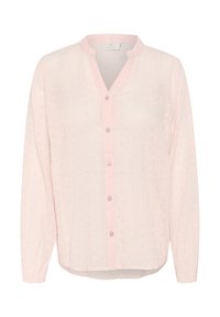 Blouse rose clair à manches longues avec un décolleté en V, des boutons à l'avant et un motif floral texturé. Tissu doux avec une coupe ample, dotée d'un ourlet arrondi.