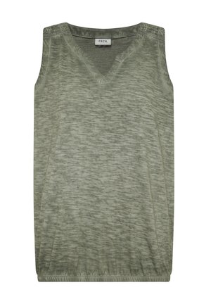 Damski top bez rękawów w oliwkowym zielonym kolorze z dekoltem w kształcie litery V, subtelną melanżową teksturą, elastycznym dołem i koronkowymi zdobieniami na ramionach.
