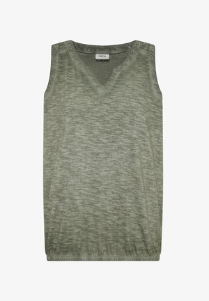 Mouwloos dames top in olijfgroen met V-hals, subtiele gemêleerde textuur, elastische zoom en kanten details op de schouders.