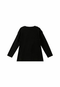 Zwarte lange mouwen shirt van een zachte, gladde stof met een ronde hals en verlaagde schouders. Eenvoudig ontwerp zonder patronen of accenten.