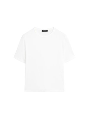 T-shirt bianco in cotone con collo rotondo, maniche corte e vestibilità ampia. Nessun motivo o decorazione visibile.