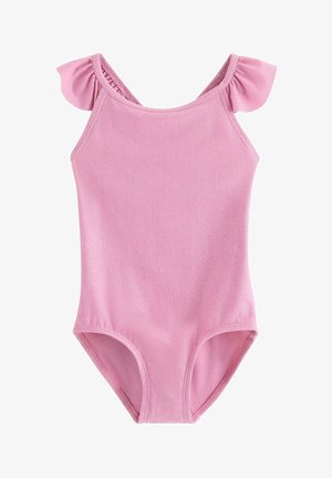 Costume intero senza maniche rosa chiaro con spalline arricciate e design semplice e liscio del tessuto.