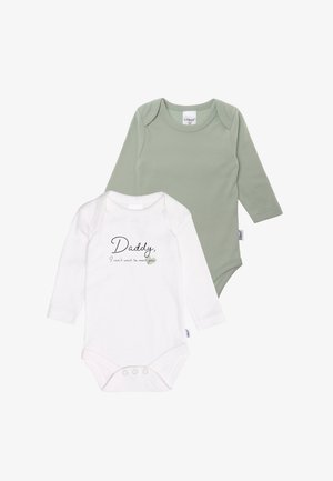 Two long-sleeve baby bodysuits: one white with black text and a green heart, and one solid light green. Both have snap closures at the bottom.