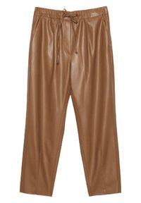 Pantalon en similicuir marron à coupe ample, taille élastique et cordon de serrage. Texture lisse avec un design élégant et coupe droite.