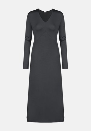 Langslapige V-hals jurk in donkergrijs. Kenmerkt een getailleerde bodice en een vloeiende A-lijn silhoutte met een soepele, lichtgewicht textuur.